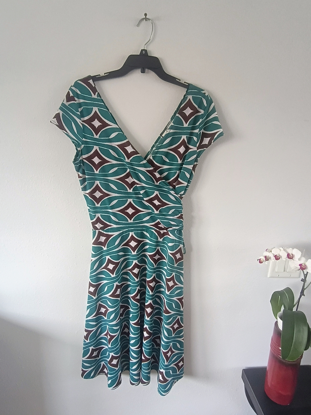 GBY Wrap Dress Size 14 Green Brown Geometric Stretch Faux Wrap USA Made